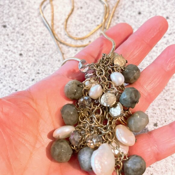 J Jill Gold Chain With Dangle Beaded Pearl Cluster Pendant Long - Picture 3 of 6